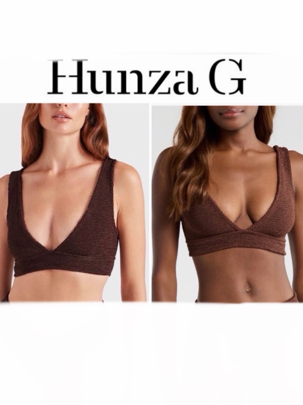 Hunza G Angel Crinkle Bikini Chocolate Brown Swim TOP OS NWT